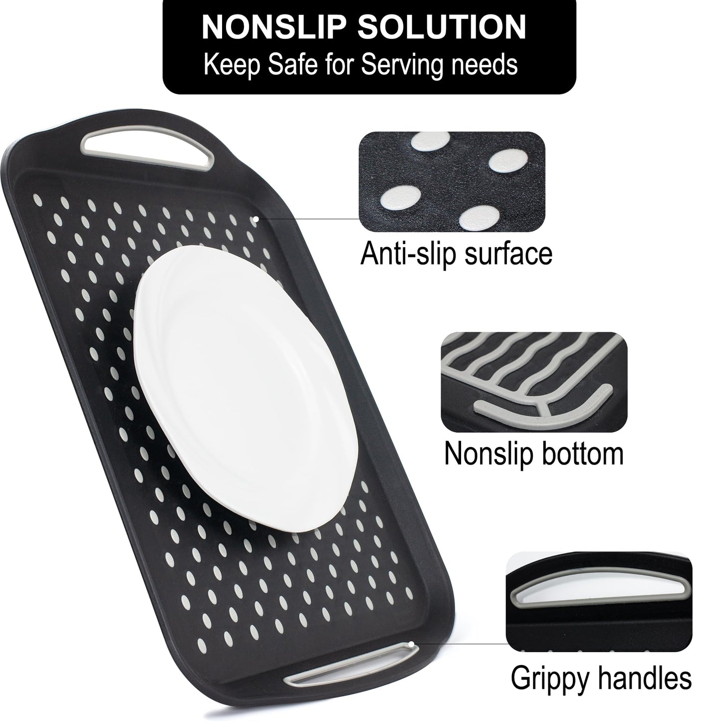 Large Anti-Slip Serving Tray with Handles, Dual Rubber Grippy Lap Food Trays for Eating, Dinning, Breakfast, on Couch/TV, Black & White - Set of 2