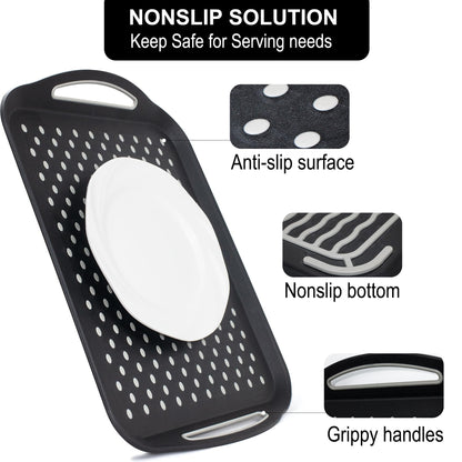 Large Anti-Slip Serving Tray with Handles, Dual Rubber Grippy Lap Food Trays for Eating, Dinning, Breakfast, on Couch/TV, Black & White - Set of 2