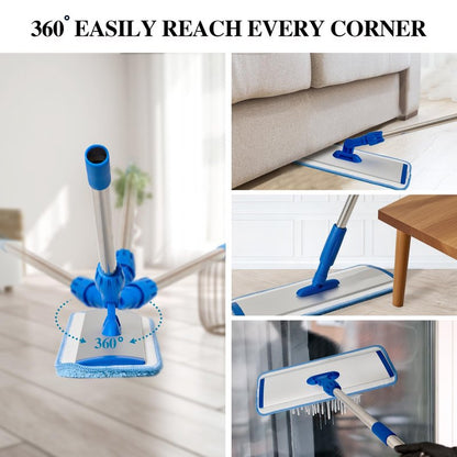 17.5'' Microfiber Mop for Floor Cleaning-Blue Flat Floor Mop with 58'' Stainless Steel Handle- 4 Reusable Washable Replacement Pads-Wet & Dry Use for Hardwood Tile Laminate-Home Kitchen Bathroom