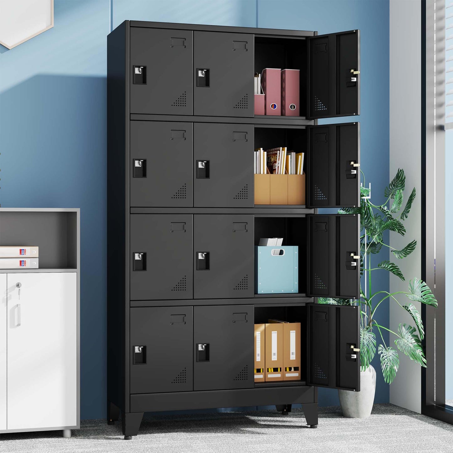pozdeg Metal Lockers for Employees, 12 Doors Steel Storage Locker with Name Card Holders & Ventilation Holes, Heavy Duty Employee lockers for Office School Gym Garage, Easy Assembly, Black ﻿