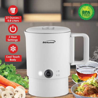 Brentwood KT-1504W 27oz Electric Travel Kettle & Hot Pot, Collapsible, Cool Touch Double Wall Stainless Steel Construction, Cordless with 360° Base, Auto Shut Off, Boil Dry Protection (White)