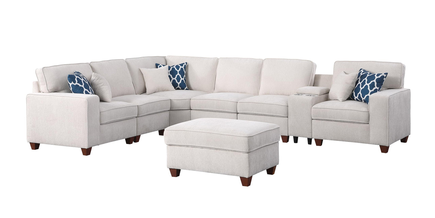 Ball & Cast 127" L-Shaped Sectional Couch with Movable Ottoman&6 Throw Pillow,7 Seat Chenille Upholstered Sofa W/2 Cup Holder,USB Port&Hidden Storage Box,DIY Combination,for Livingroom,Apartment,Beige