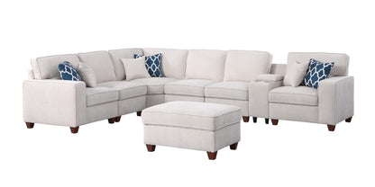 Ball & Cast 127" L-Shaped Sectional Couch with Movable Ottoman&6 Throw Pillow,7 Seat Chenille Upholstered Sofa W/2 Cup Holder,USB Port&Hidden Storage Box,DIY Combination,for Livingroom,Apartment,Beige