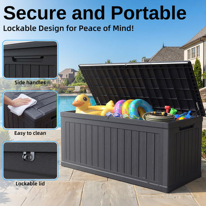 KDYMOD 320 Gallon Outdoor Storage Deck Box, Waterproof Resin Deck Boxes with Handle & Lockable for Patio Furniture, Garden & Pool Tools -Swimming Pool, UV Resistant, Black (320)
