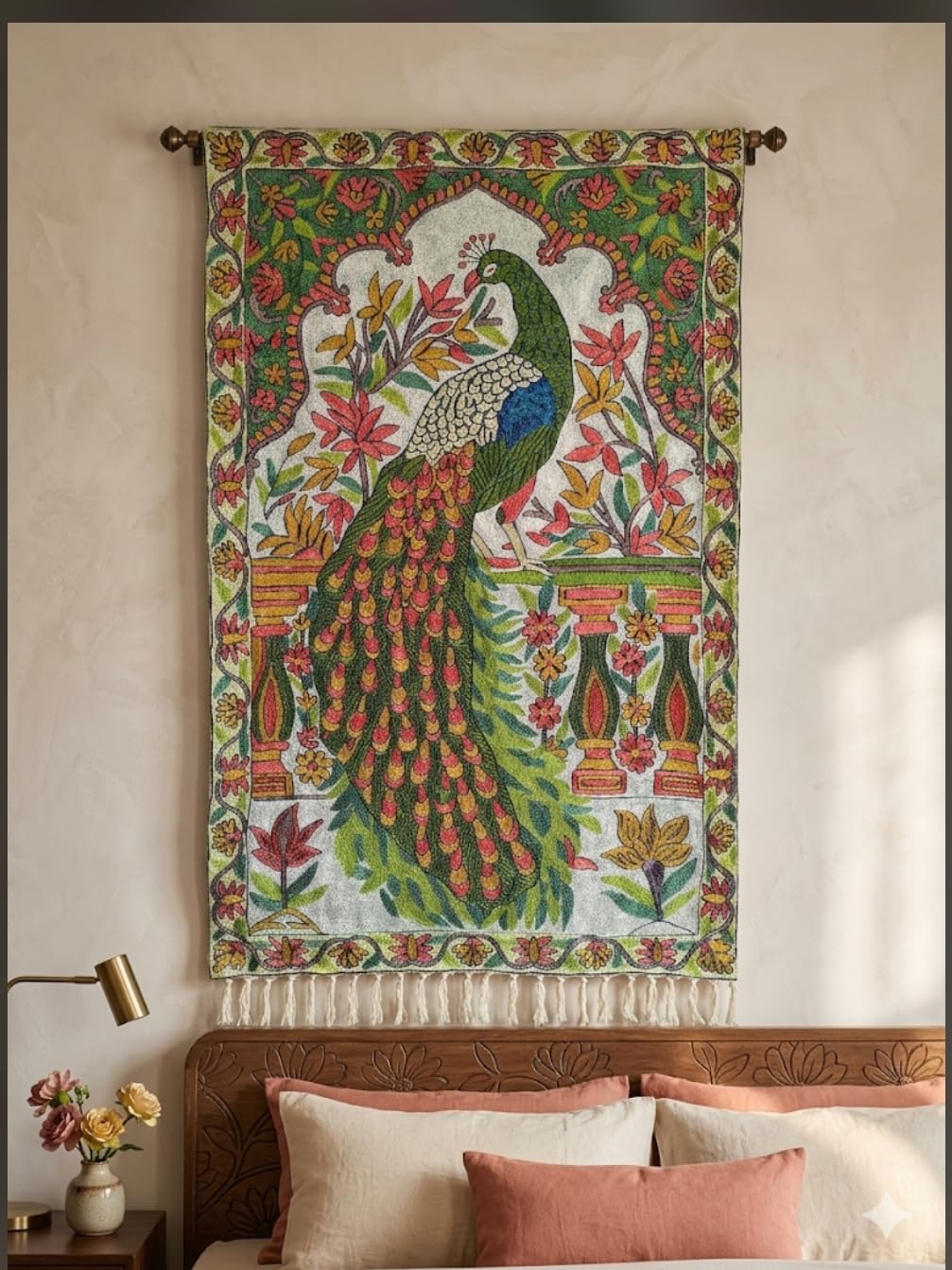 Kashmir Handmade Chain Stitch Peacock Wall Tapestry, Silk and Cotton on Canvas, 2.5 x 4 ft, Multicolor Floral Design Pack of 01