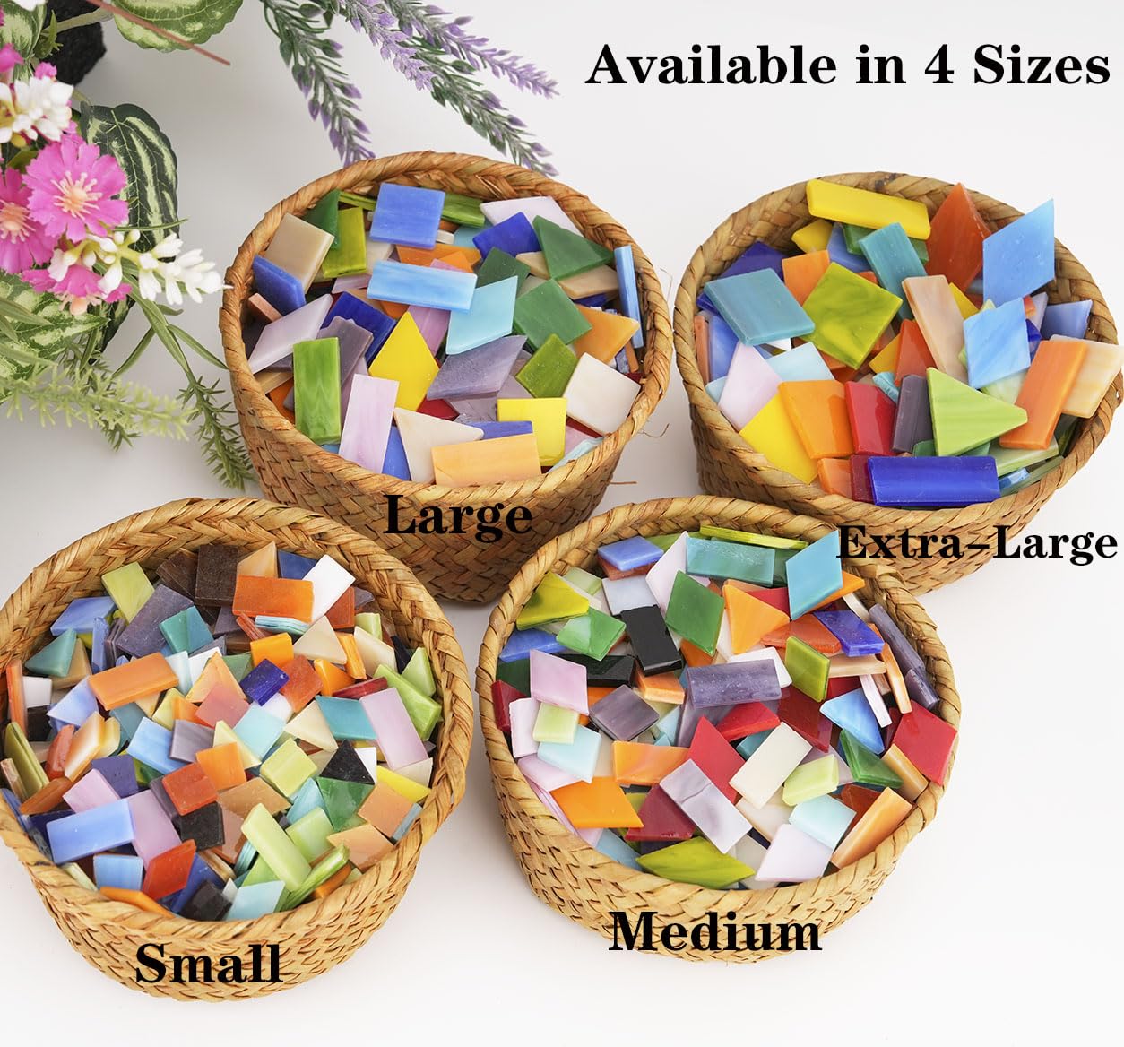 Lanyani Medium Size Glass Mosaic Tiles Pieces 1.3 Pounds Bulk, 400pcs Mixed Vibrant Color Stained Glass Pieces Tile for DIY Crafts Mosaic Making, Pre-Cut Tiles in 4 Shapes