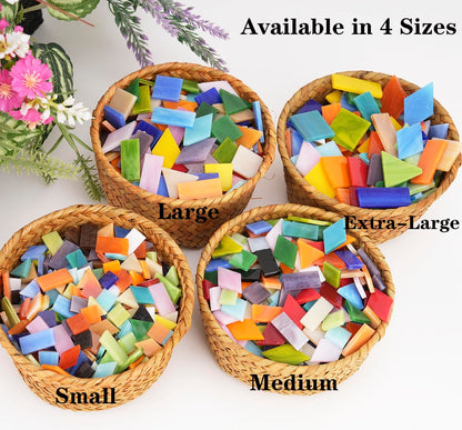 Lanyani Medium Size Glass Mosaic Tiles Pieces 1.3 Pounds Bulk, 400pcs Mixed Vibrant Color Stained Glass Pieces Tile for DIY Crafts Mosaic Making, Pre-Cut Tiles in 4 Shapes