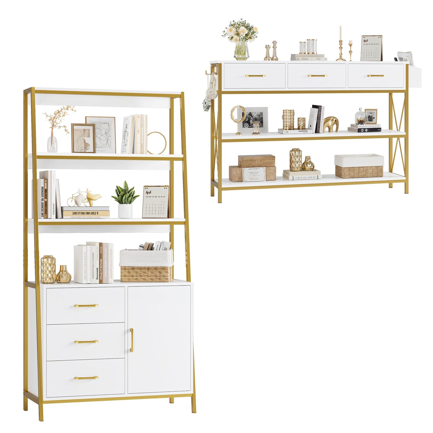 HITHOS Tall Bookshelf, Industrial Console Table with Drawers and Ladder Shelves, Free Standing Storage Cabinet Kitchen Bakers Rack with Microwave Oven Stand for Home Office, White Gold