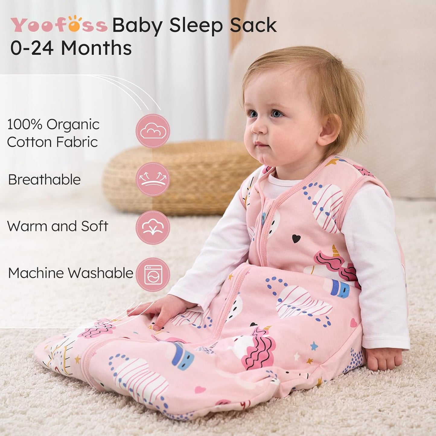 Yoofoss Baby Sleep Sack - 100% Organic Cotton Wearable Blanket for 6-12 Months | TOG 2.5, 2-Way Zipper, Warm & Comfy