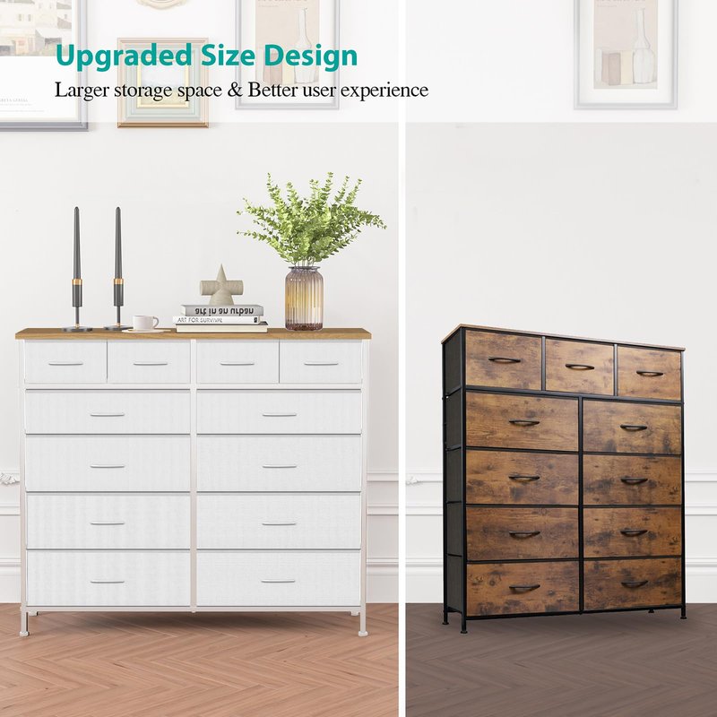 VASICAR Compact 12 Drawers Dresser for Bedroom, Fabric Storage Tower, Chest of Drawers with Retro Wood Top for Closet, Nursery, Living Room