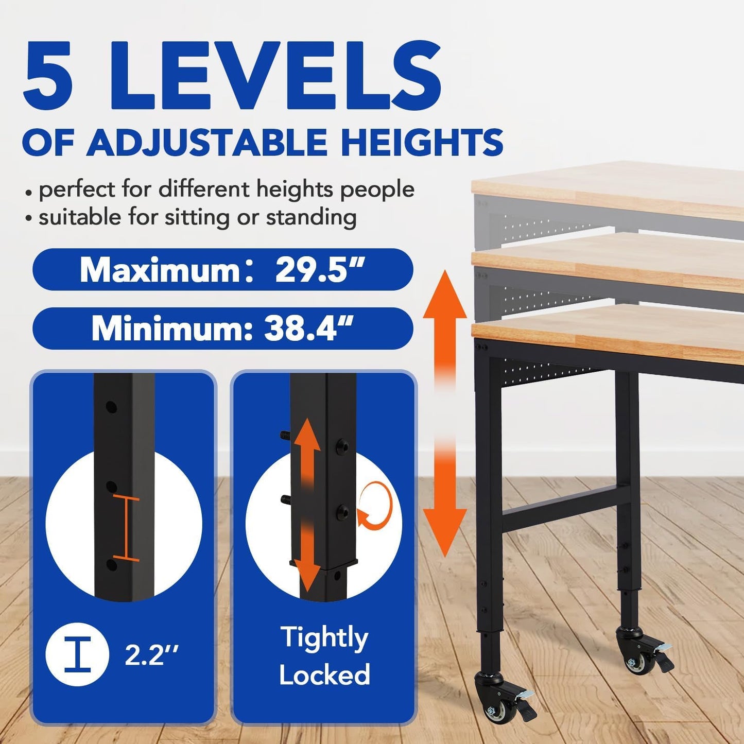 GAOMON 72"x25" Workbench, Heavy-Duty Garage Work Table, Heavy-Duty Table with Power Outlets, Rubber Wood Top, Adjustable Height 29.5"-38.4" for Workshop, Home, Office - 2000 Lbs Capacity