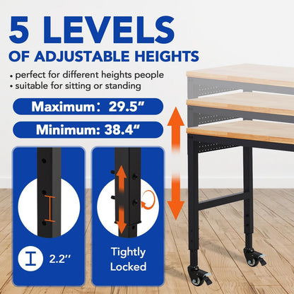 GAOMON 72"x25" Workbench, Heavy-Duty Garage Work Table, Heavy-Duty Table with Power Outlets, Rubber Wood Top, Adjustable Height 29.5"-38.4" for Workshop, Home, Office - 2000 Lbs Capacity