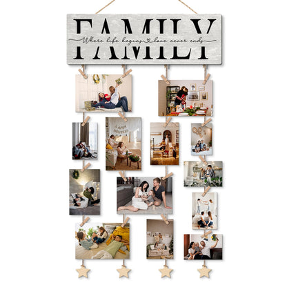NaZaUK Family Picture Frames Collage Photo Hanging Display, Picture Board Wood Rustic Frames, Hanging Photo Display with Clips, Home Bedroom Wall Decor, Family Where Life Begins and Love Never Ends