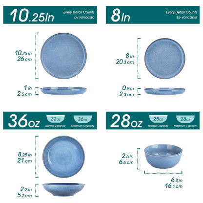 vancasso ANYA 24 Pieces Plates and Bowls Set, Blue Dinnerware Sets, Reactive Glaze Dishes Set for 6, Ceramic Dishware Sets Kitchen Dinner Set, Microwave & Dishwasher Safe