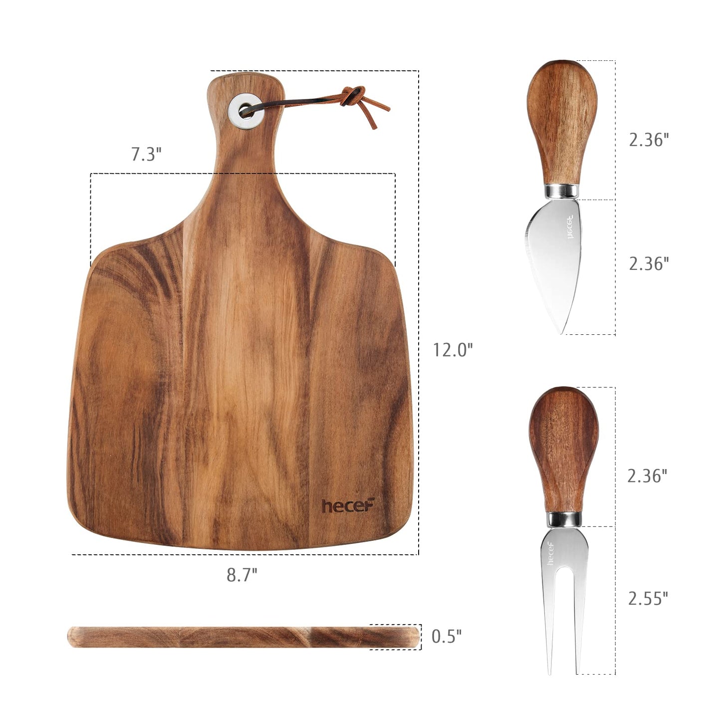 hecef Cheese Board set of 3,a Acacia Wood Cheese Plate, a Knife, a Fork, Charcuterie Board Platter Slate Serving Set for Appetizer Birthdays, Weddings, Housewarming (Cheese board with 2 knives)