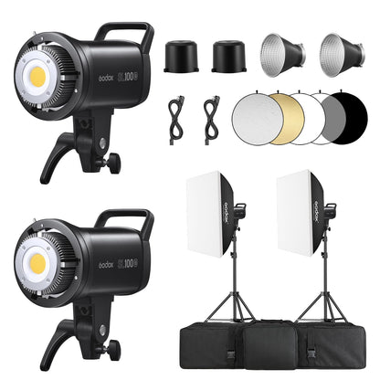 Godox 2PACK SL100Bi Professional COB LED Video Lighting Kit Bi Color Continuous Light Kit with 2*Light Stand 2* Softbox 1 * 5 in 1 Reflector 1*Carry Bag Studio Light for Photography Studio Shooting