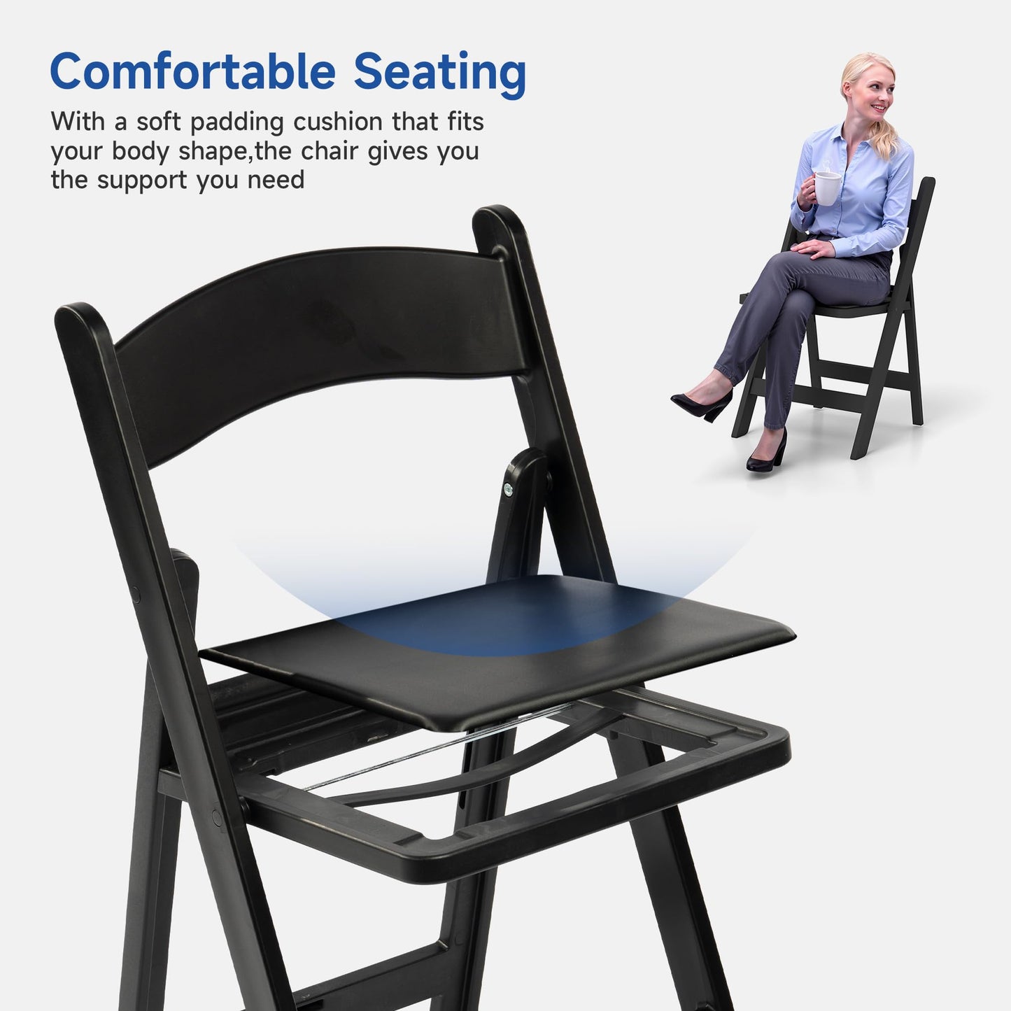 Winlice Black Resin Folding Chairs - Stackable Chairs with Padded Seats, 800LB Weight Capacity Comfortable Chair - Indoor/Outdoor Folding Chairs for Events - Lightweight Foldable Chairs (10 Pack)