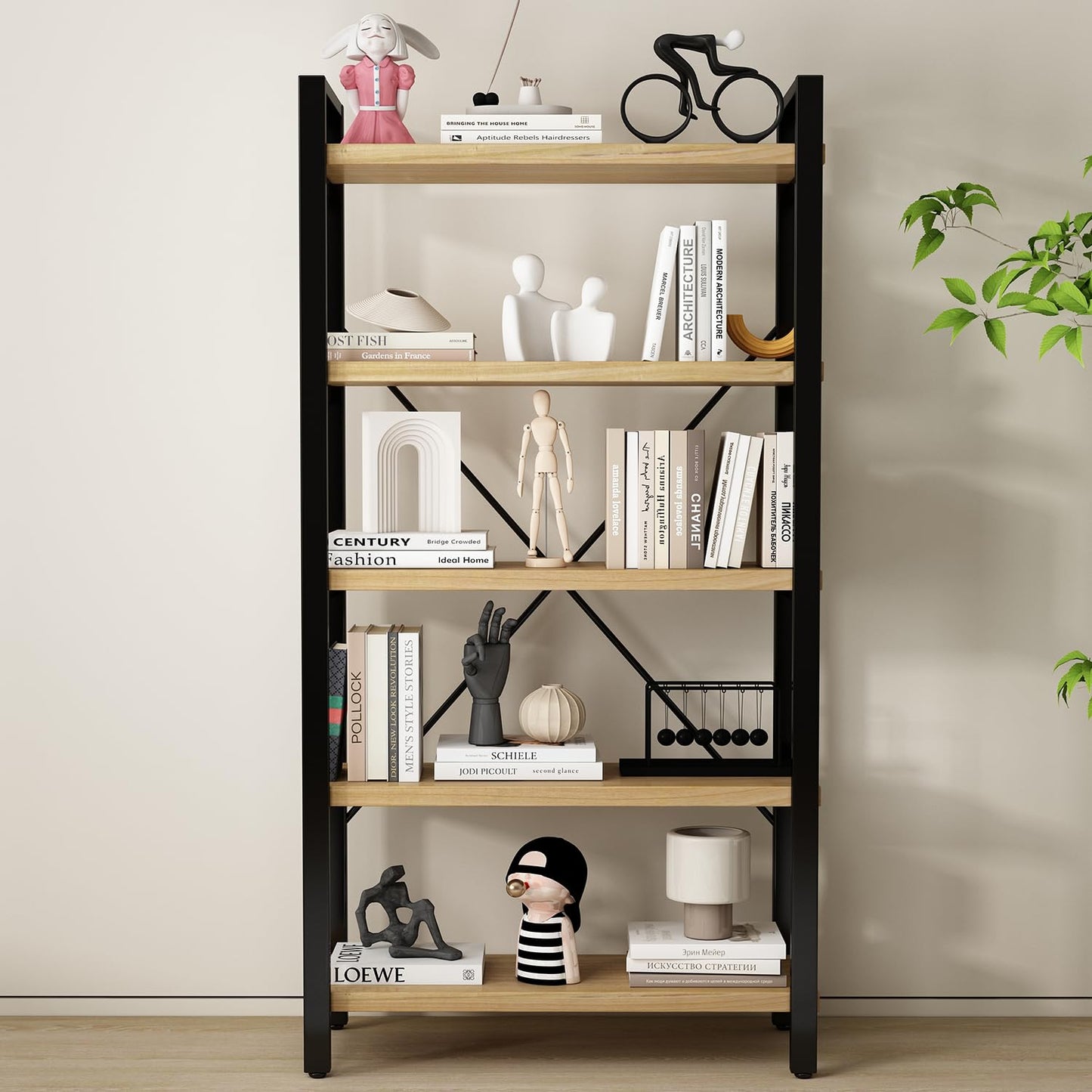 WH-AOERPUMY Real Solid Wood Bookshelf Shelves Rustic Vintage Industrial Etagere Bookshelf, Metal & Timber Free Vintage Bookcase, (Genuine Timber) (5-Tiers-Natural Finish)