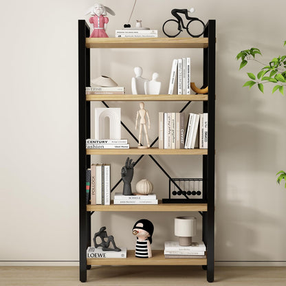 WH-AOERPUMY Real Solid Wood Bookshelf Shelves Rustic Vintage Industrial Etagere Bookshelf, Metal & Timber Free Vintage Bookcase, (Genuine Timber) (5-Tiers-Natural Finish)