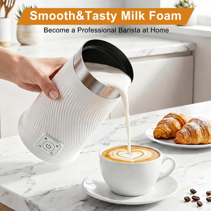 Wowteam Milk Frother, 4-in-1 Electric Milk Steamer, Warm and Cold Milk Warmer and Foam Maker for Coffee, Latte, Cappuccinos, Macchiato, 8.2oz/240ml, Stainless Steel, White