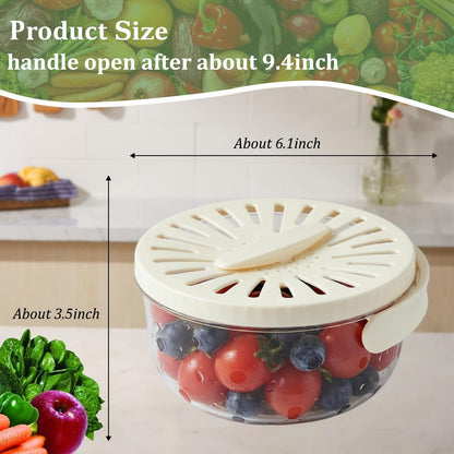 Multifunctional Fruit Washing Bowl with Strainer,2 in 1 Drain basket and Fruit Strainer Container with Lid,Fruit Washer Bowl for Kitchen,Fridge,Picnic & Camping(1QT)