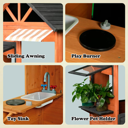 Easy Playhouse: Big Outdoor Wooden Playhouse - Working Door & Windows, Side Serving Station & Bench, Sink & Stove, Backyard Creative Toy Home, Kids 3+
