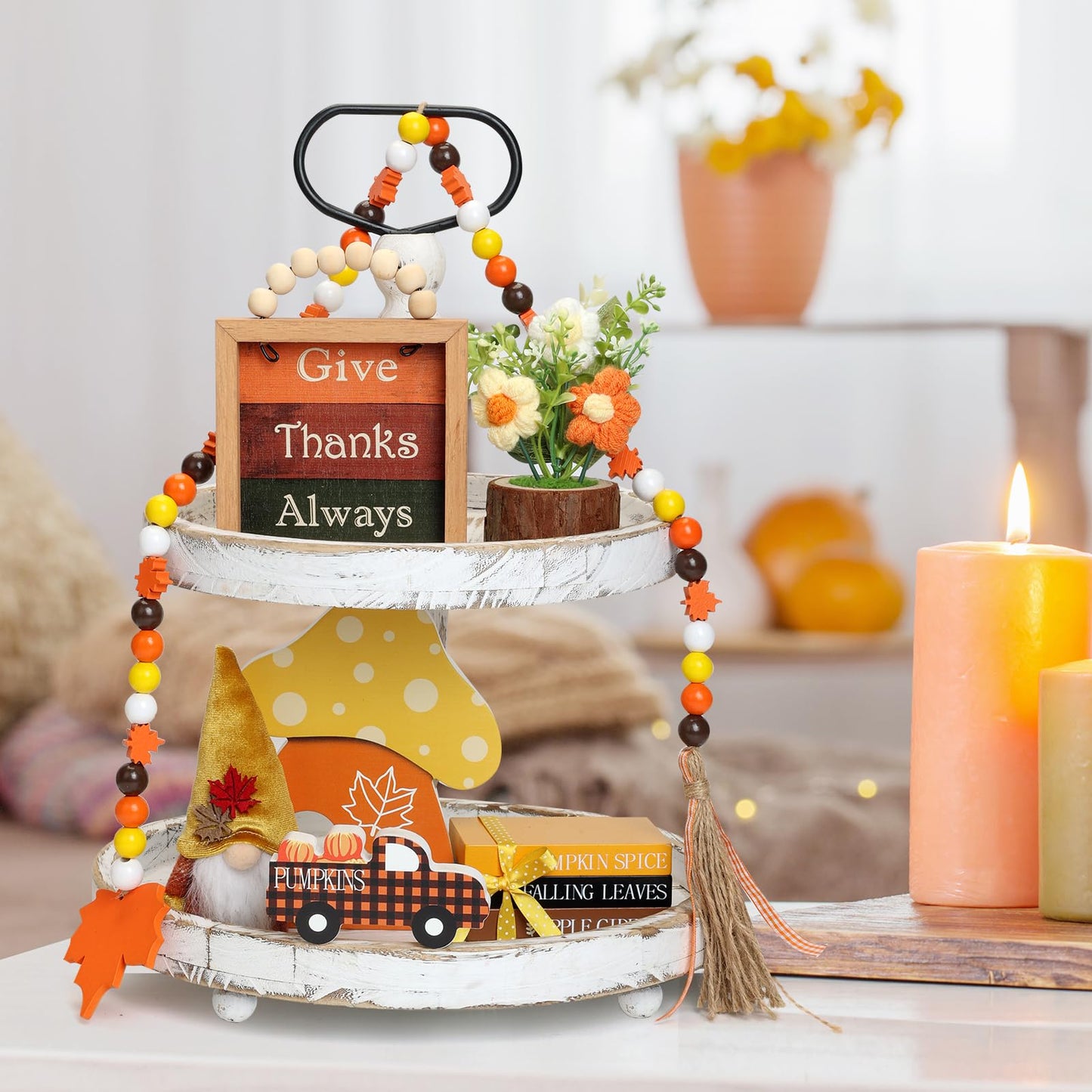 7 pcs Thanksgiving Tiered Tray Fall Decor Set, Gnome Truck Thanksgiving Wood Plaque Wooden Bead String Decorations, Fall Decorations for Home Kitchen Fireplace Farmhouse Office Fall Decoration