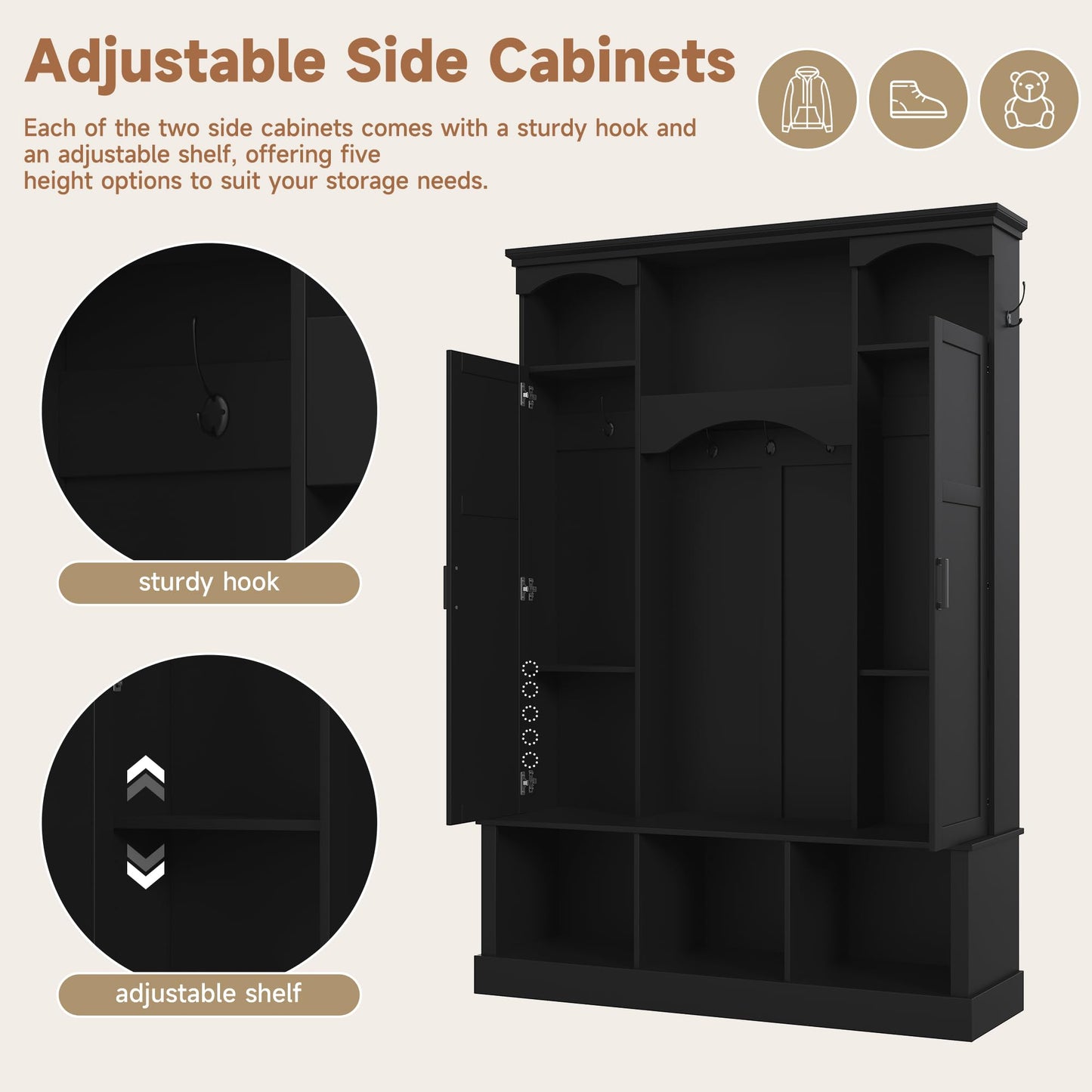 THINK 30 Modern All-in-One Hall Tree with Adjustable Shelves, Classic Arched Farmhouse Storage Bench with Dual Side Cabinets, Elegant Entryway Organizer with 7 Hooks for Mudroom, Hallway, Black