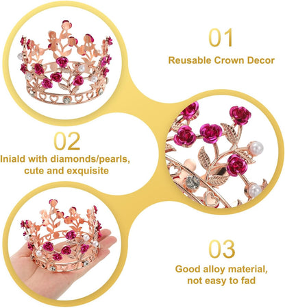 Uxcell Mini Crown Cake Toppers - Alloy Queen Princess Tiara with Pearl & Rose for Birthday Decor | Rose Gold/White/Rose Red