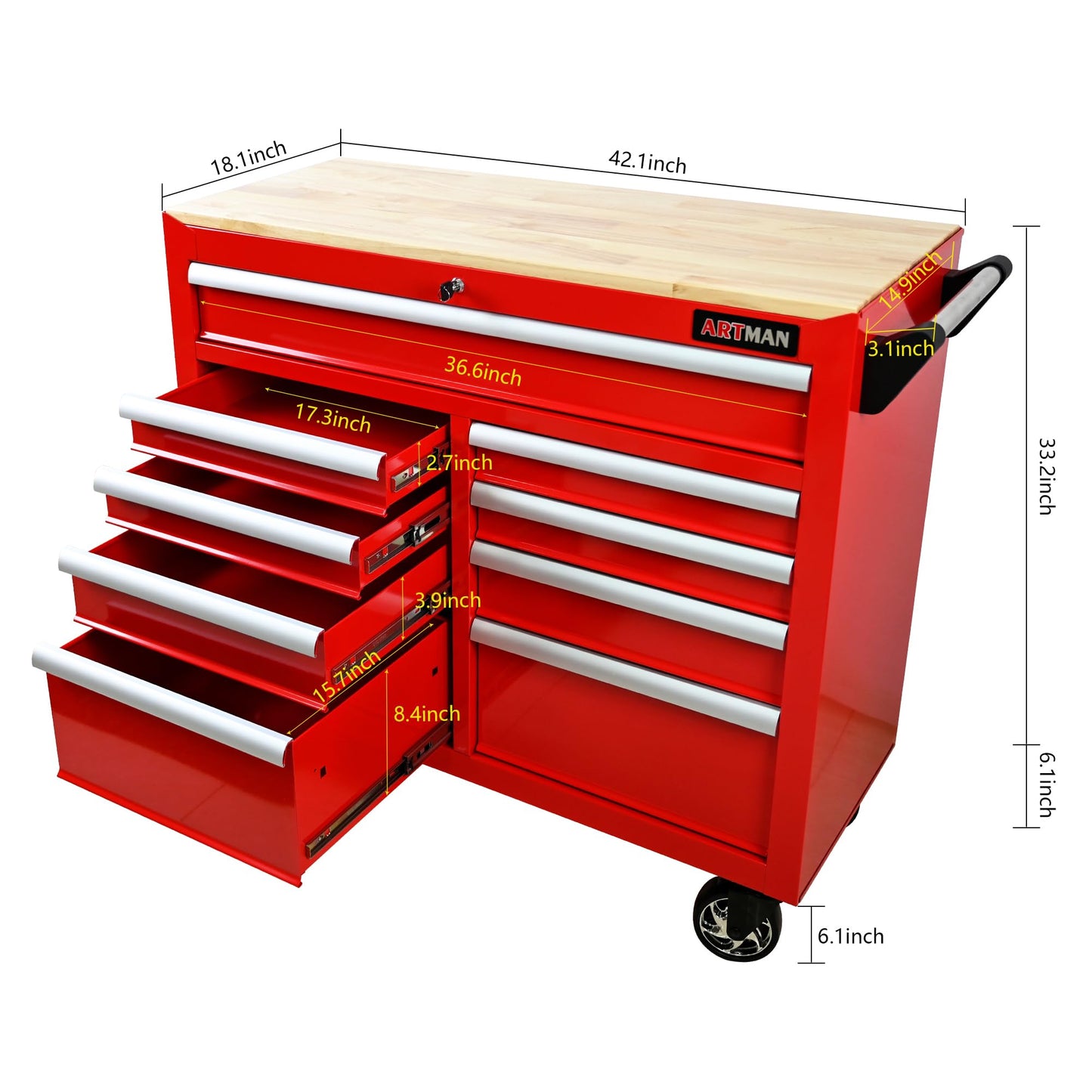 KEIKI 9 Drawer Rolling Tool Cart with Wooden Top, Metal Tool Cabinet with Wheels and Handle, Heavy Duty Storage Organizer for Garage Workshop (Red)