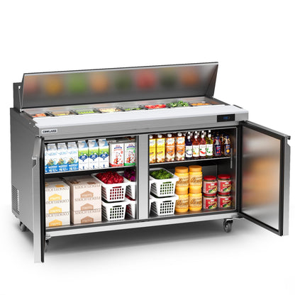 Coolake 60" W 2 Door Commercial Refrigerator Salad Sandwich Prep Table, Stainless Steel 18 Cu.ft Counter Fan Cooling Refrigerator with 16 Pans Restaurant Bar Food Truck, ETL DOE