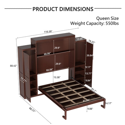 Ball & Cast Murphy Bed Queen Size,Wood Foldable Wall Bed with 2 Sides Wardrobe and Storage Shelf, Hidden Cabinet Bed Frame for Bedroom,Guest Room,Space Saving,No Box Spring Needed,Walnut