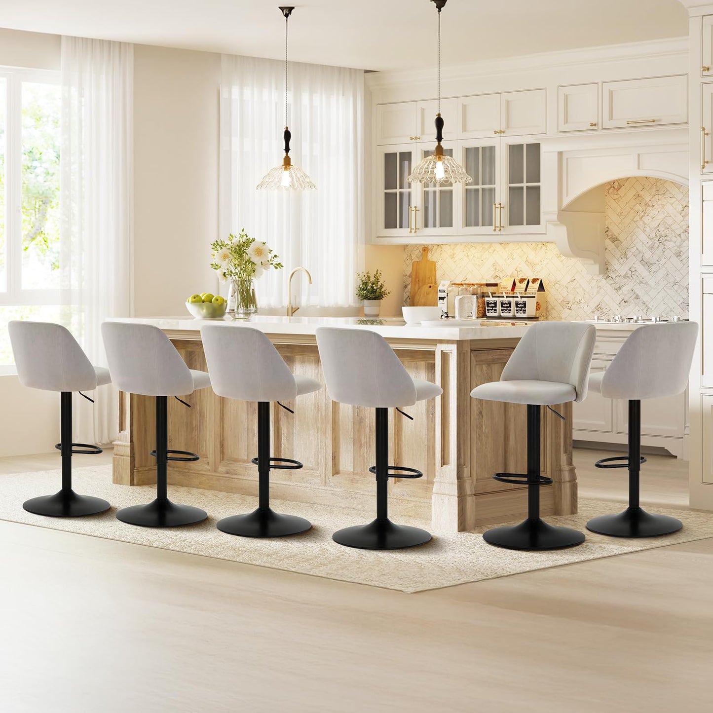 COLAMY Bar Stools Set of 4, Modern Swivel Bar Chairs, Adjustable Upholstered Barstools Counter Height with Full Backrest for Bar, Dining Room, Kitchen Island, Grey