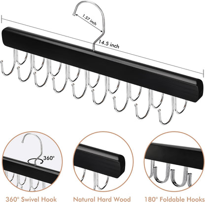 NECAMOCU Bra Hanger - Premium Wooden Closet Organizer with 36 Foldable Hooks | Space-Saving Design, Black
