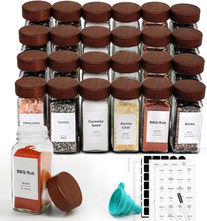24 4oz Pcs Spice Jars, Seasoning Containers with Acacia Wood Shaker Lids, Glass Spice Bottles with Labels, Square