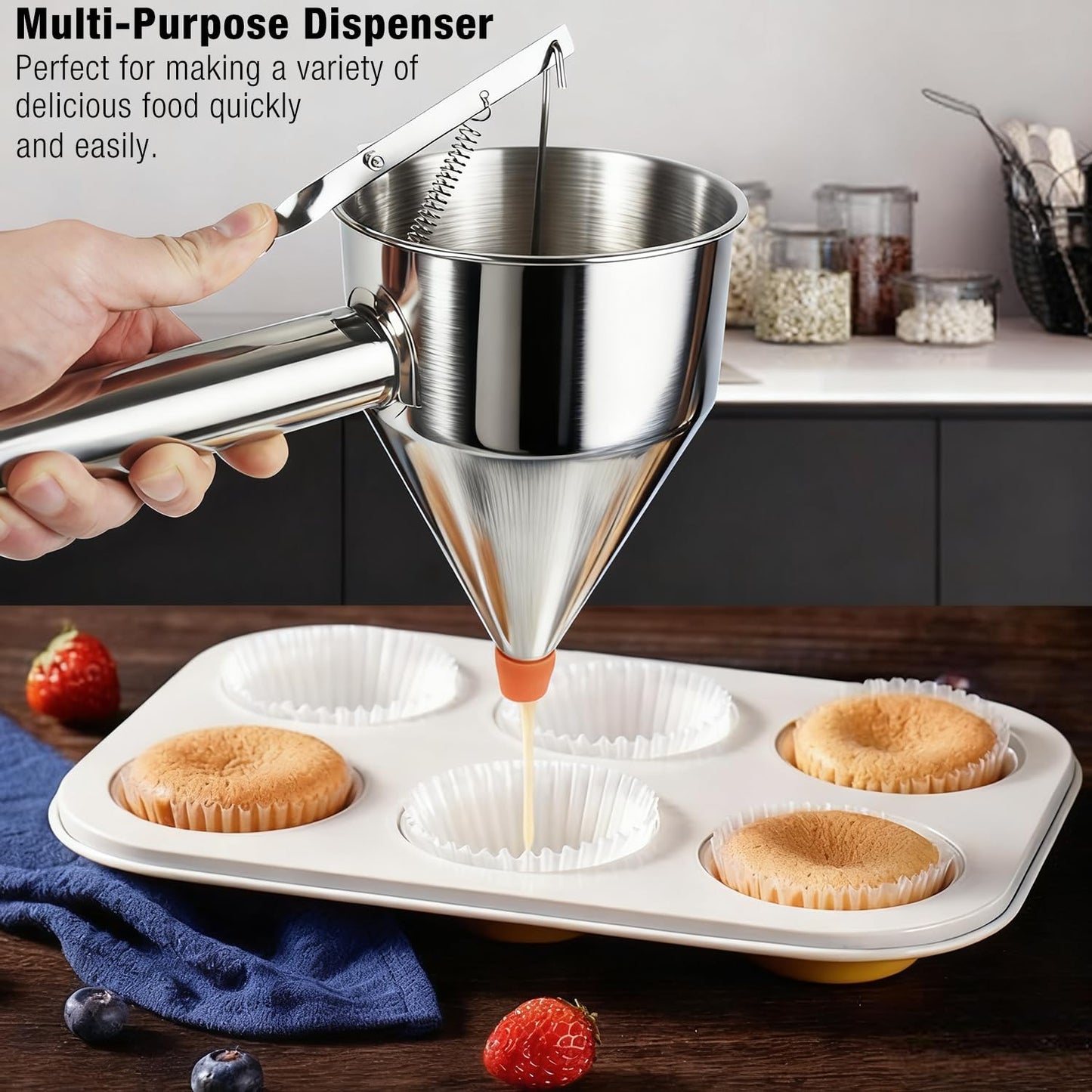 Pancake Batter Dispenser, Large 40oz/1200ml Multi-Caliber Stainless Steel Funnel Cake Dispenser with Stand for Commercial and Home Use