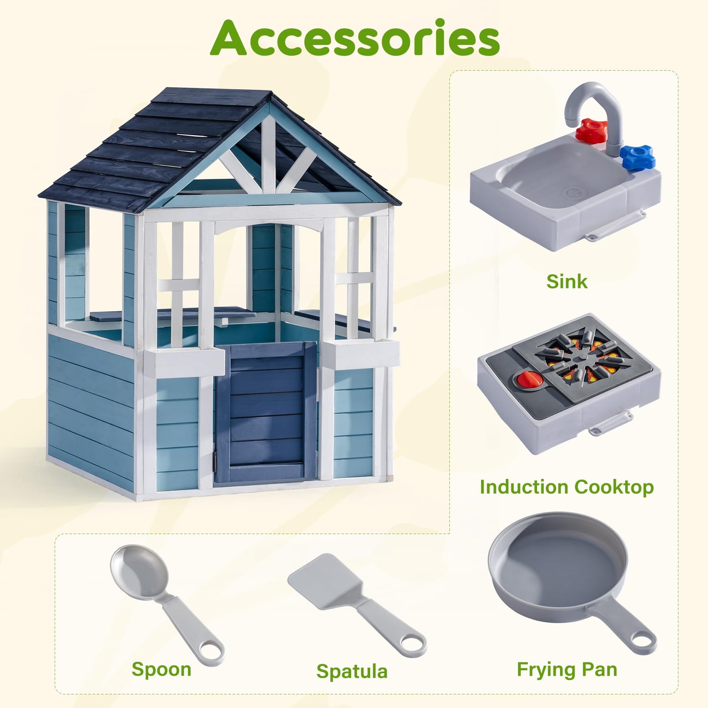ROBUD Outdoor Playhouse, Wooden Play House for Kids Outdoor with Snack Bar, Flowerpot Holders, Sink, Stove, Cookware, Outdoor playset for Kids Ages 3+