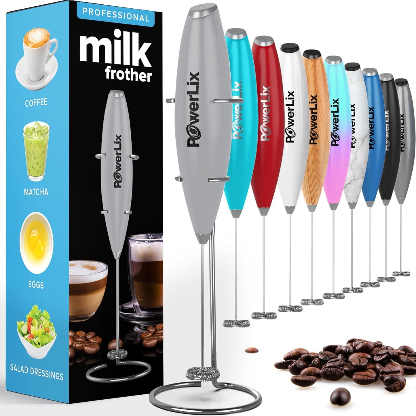 PowerLix Handheld Milk Frother Electric Whisk Foam Maker for Coffee, Latte, Cappuccino, Hot Chocolate, Grey with Stand