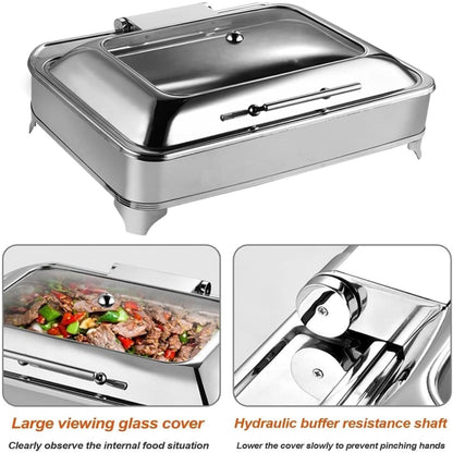 Stainless Steel Electric Chafing Dish with Clear Lid, Commercial Grade Food Warmer for Home Kitchen, Hotel, Banquet, Family Gatherings, Party Serving Tray