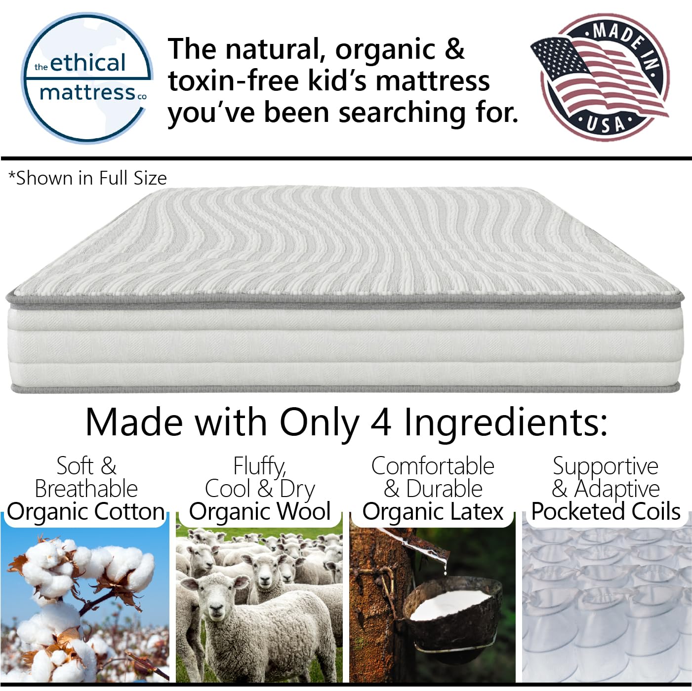 Ethical Mattress CO 6" Kid’s Mattress, Toxin-Free, Made in the USA with Organic Cotton, Wool, Latex & Pocketed Coils (Bed-in-a-Box); Perfect for bunk beds, trundles & Platform beds - Twin Size