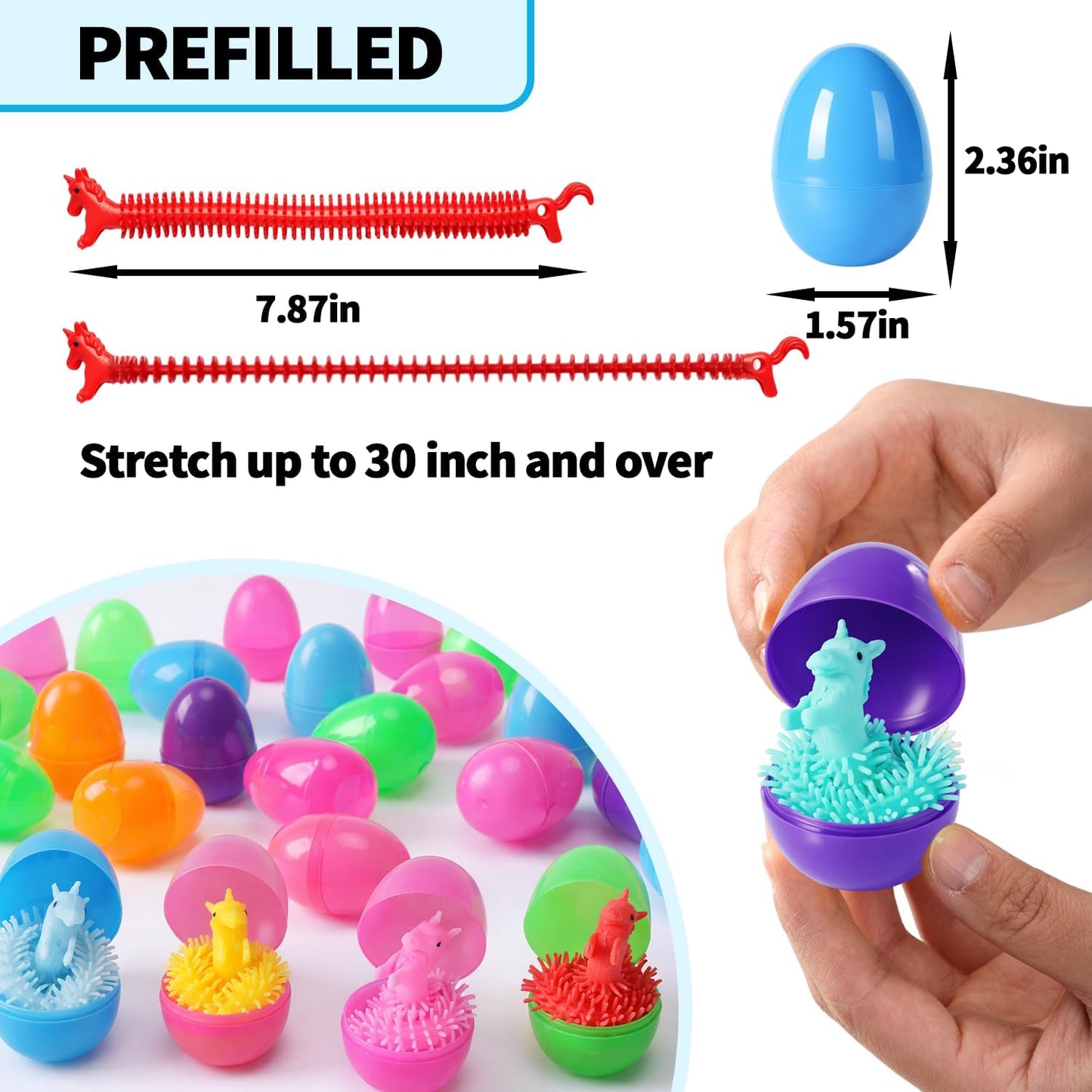 24 Pack Yunfan Prefilled Easter Eggs with Dinosaur Stretchy Strings Fidget Toys Stress Reliever Sensory Squeeze Toys