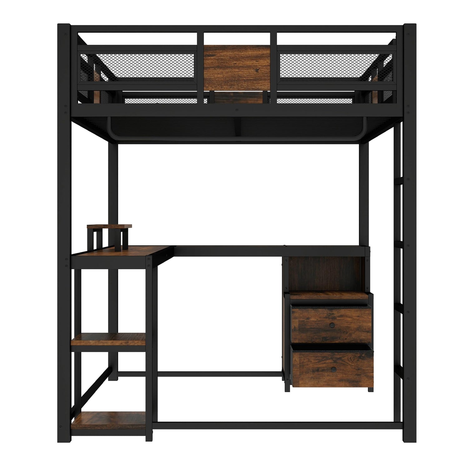 Bellemave Queen Loft Bed with Desk and Fabric Drawer, Metal Queen Loft Bed Frame with guardrail and Ladder for Adults, Kids, Teens, Black