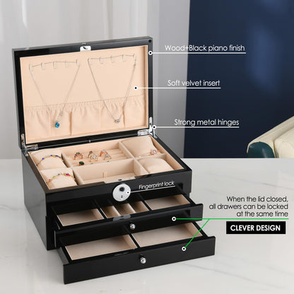 SYENS Jewelry Box with Fingerprint Lock, Black Wood Piano Lacquer Jewellery Organizer Storage Box with Drawer, 3-layer Full Lockable, for Women or Men's gift
