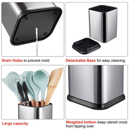 RedCall Stainless Steel Kitchen Utensil Holder for Countertop, Spoon Spatula Organizer,Modern Rectangular Large Cooking Utensil Caddy Counter,Utensil Crock Silver