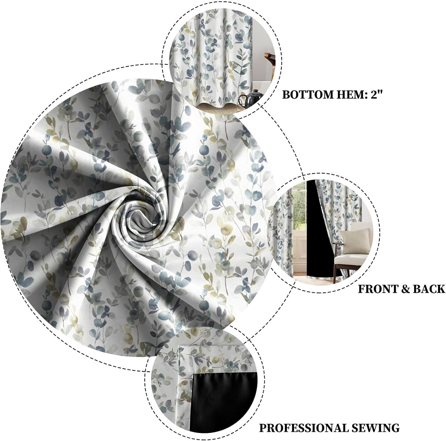 84" 53" 2 Set Renaiss Botanical Herbs Blackout Curtains, Vintage Eucalyptus Leaf Thermal Insulated Bedroom Window