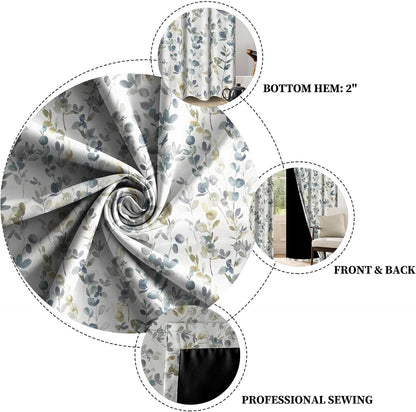 84" 53" 2 Set Renaiss Botanical Herbs Blackout Curtains, Vintage Eucalyptus Leaf Thermal Insulated Bedroom Window