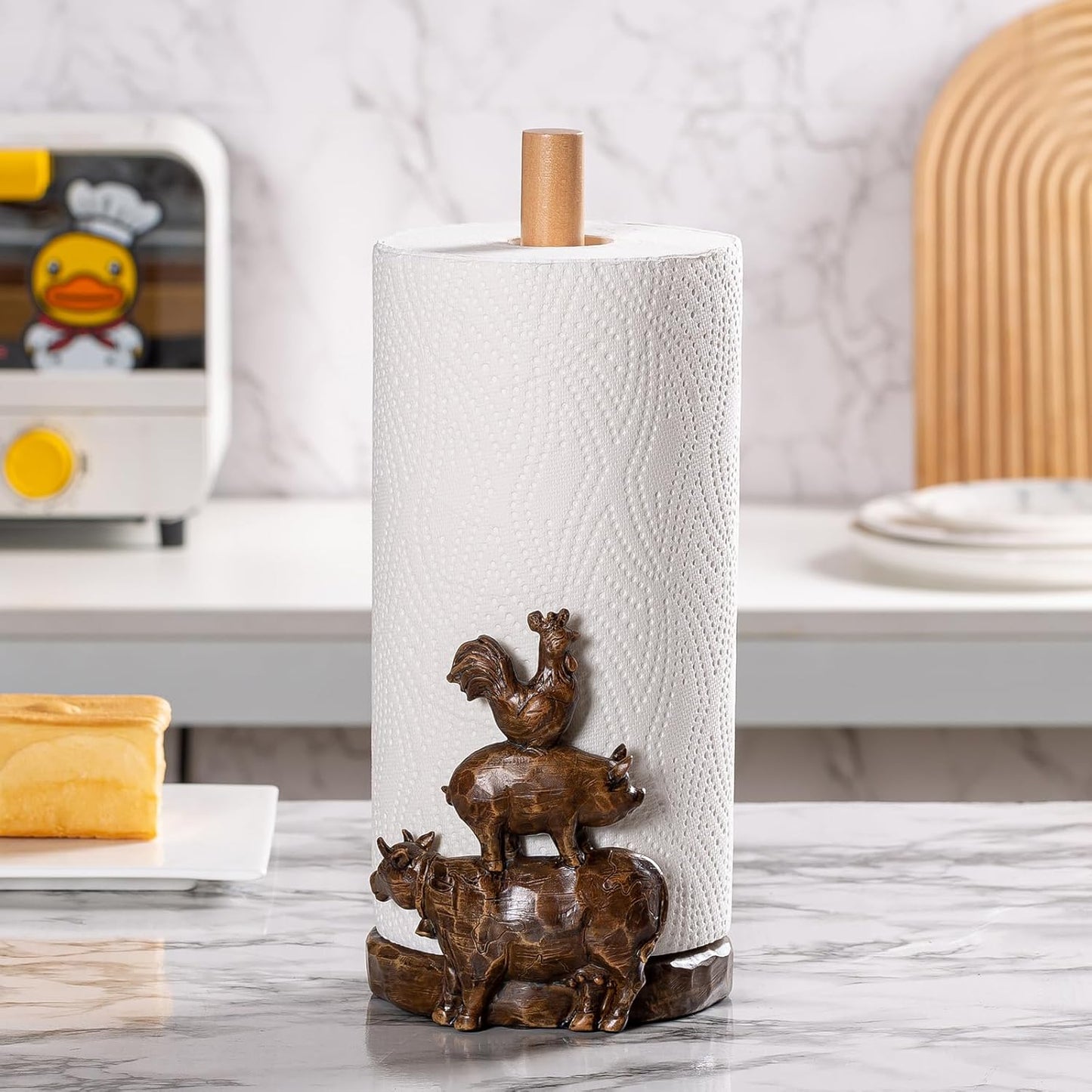 Polytree Countertop Farm Animals (Cow, Pig and Rooster) Paper Towel Holder Stand with Decoration, Hand-Carved Wood