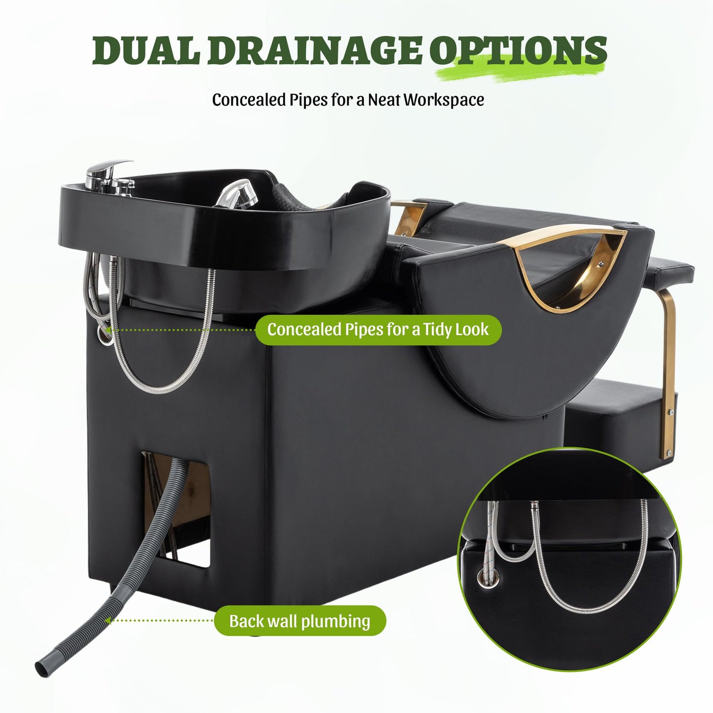 KEIKI Large Shampoo Bowl & Chair Set with Footstool, Black & Gold Barber Backwash Chair, Heavy Duty 300lbs Hair Washing Chair with Deep ABS Basin & Neck Rest for Spa Beauty Stylist