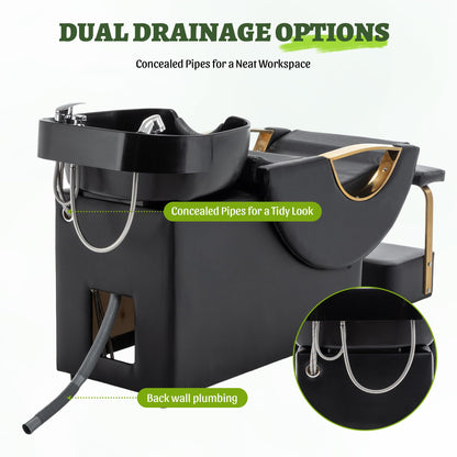 KEIKI Large Shampoo Bowl & Chair Set with Footstool, Black & Gold Barber Backwash Chair, Heavy Duty 300lbs Hair Washing Chair with Deep ABS Basin & Neck Rest for Spa Beauty Stylist