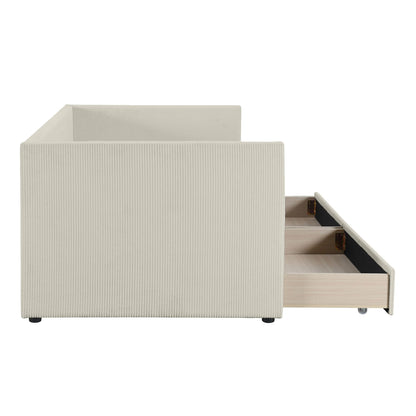 Merax Twin Size Corduroy Daybed with Two Drawers and Wood Slat,Sofa Bed Frame for Bedroom,Teens,Beige